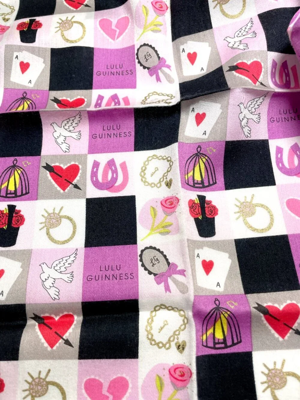 Lulu Guinness London Scarf – Retro Pink Check Pattern, Ruffle Border - Picture 7 of 12